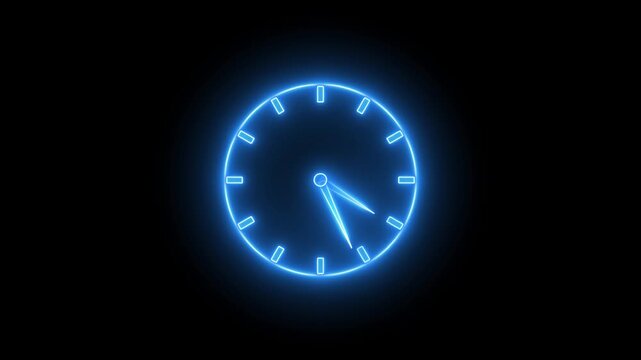 Glowing neon blue color clock icon animation watch stopwatch timer circle wall clock clock dial fast minute hours icon seamless effect footage on black background	