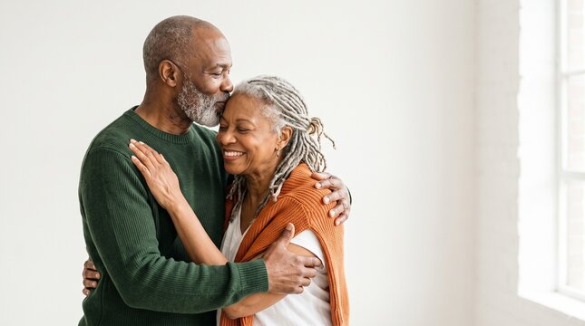 Senior couple embracing in warm home setting. Elderly partners sharing affectionate moment indoors with soft natural light.