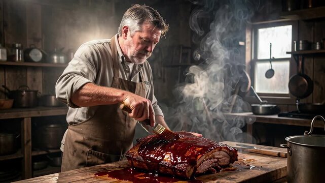 Chef Carving Roasted Meat In Rustic Kitchen.