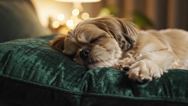 Peaceful Shih Tzu dog sleeping soundly on a plush green velvet cushion warm cozy home ambiance with bokeh lights