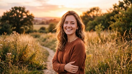 Obraz premium Young Woman Smiling in Golden Hour Sunlight Amidst Tall Grasses and Trees