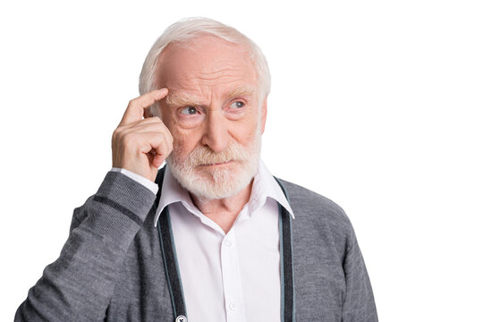 Portrait of old white hair think man look empty space finger forehead wear dark sweater isolated on grey background