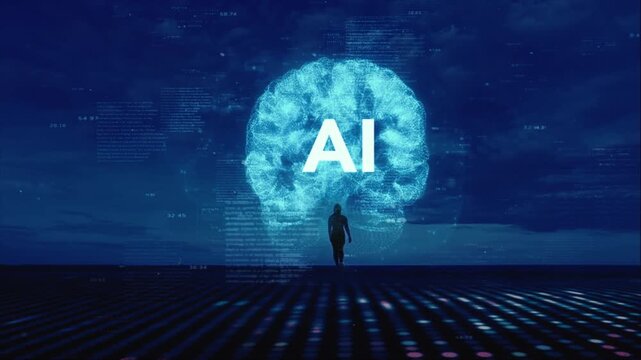 Futuristic woman, artificial intelligence network with walking towards