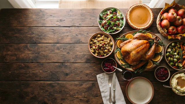 Top view of a delicious roasted turkey dinner served on a rustic wooden table for a festive halloween party or family holiday gathering