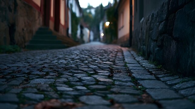 A narrow cobblestone alleyway flanked by stone walls and old buildings under soft evening light