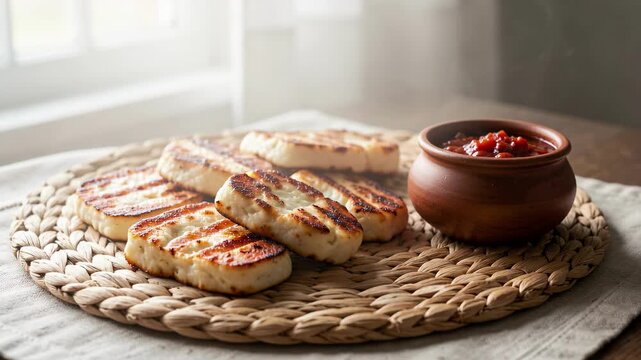 Grilled Flatbread with Strawberry Jam on Woven Tray.