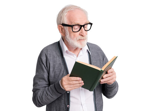 Portrait of old white hair optimistic man read book wear spectacles dark sweater isolated on grey background