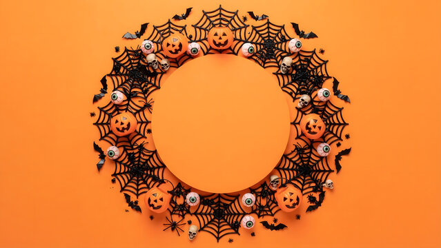Decorative halloween wreath featuring carved pumpkins spiders and cobwebs arranged in a circular frame isolated on a vibrant orange background for seasonal design