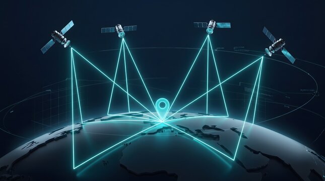 Orbiting satellites precisely triangulate a global position using bright blue signal lines across a stylized earth map, a modern 3d digital illustration for commercial applications.