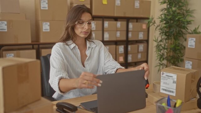Woman with hands on keyboard typing on laptop amid stacked shipping boxes inside a small warehouse building; entrepreneurial focus.