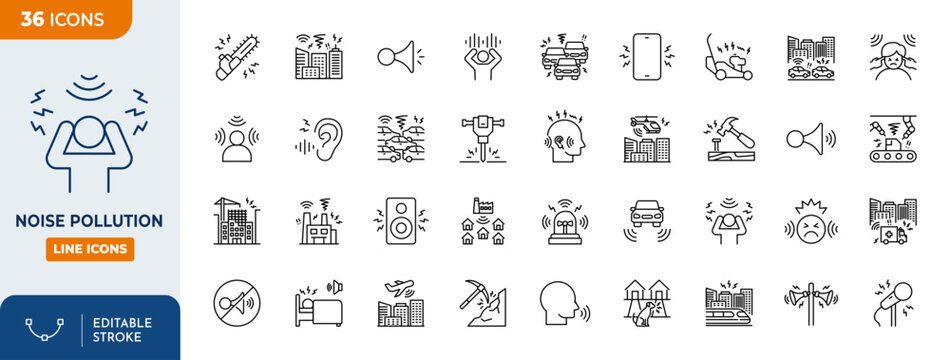 Noise Pollution Editable stroke icon set. Vector illustration