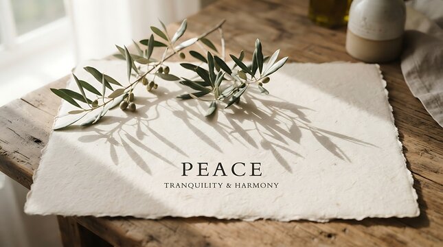 Gentle olive branch casts shadow on paper with tranquility text