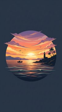 Peaceful ocean sunset with lighthouse silhouette and boat in circle