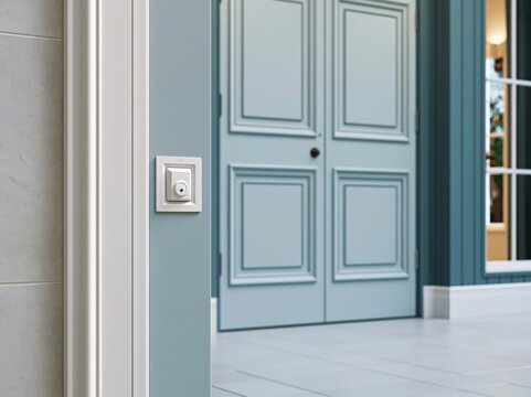 Recessed weatherproof doorbell camera next to a clean modern front door in a bright indoor setting