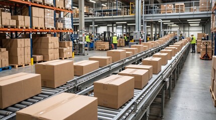 Fototapeta premium Automated Warehouse Conveyor Belt System Moving Cardboard Boxes for Distribution and Logistics