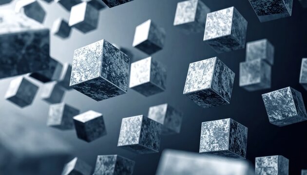Floating 3D stone cubes in abstract dark space