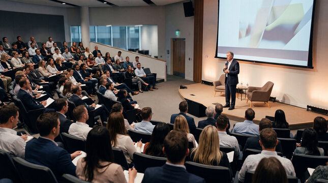 A speaker delivers a presentation to a large professional audience in a modern lecture hall, representing education, corporate communication, training, and public speaking.