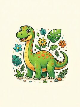 Happy green cartoon dinosaur surrounded by tropical flowers and leaves
