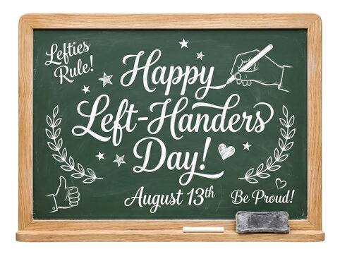 Happy left handers day green chalkboard banner with text drawing and eraser on transparent background
