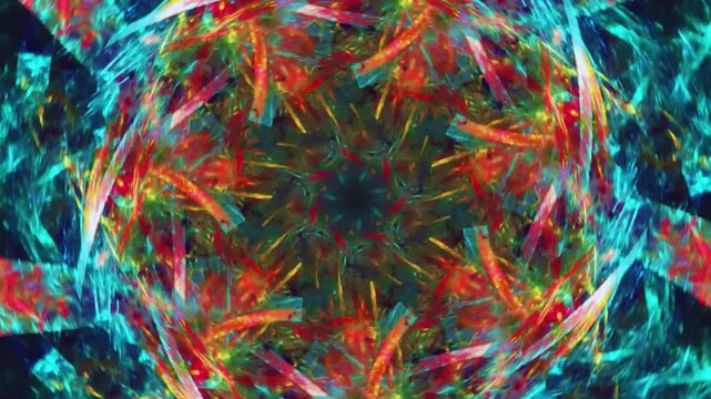Abstract rotating fractal pattern with glowing cyan and yellow geometric spirals in motion background spiral art psychedelic kaleidoscope