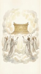Obraz premium Group of man and woman worshiping the golden ark of the covenant in heaven. Biblical scene of revelation depicting the holy sanctuary. Religious illustration of spiritual devotion prayer.