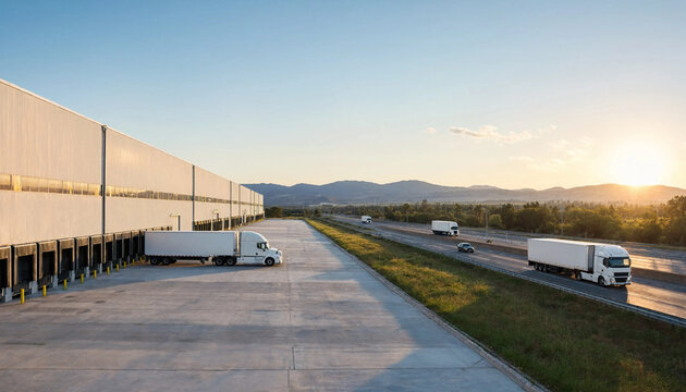 Semi trucks parked at warehouse loading docks during golden hour with semi truck warehouse logistics transportation distribution shipping industrial delivery business commerce