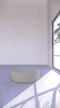 Vertical Minimalist Terracotta Podium with Moving Tree Shadows on White Marble Floor. Elegant mobile format with clean upper copy space for product presentation.