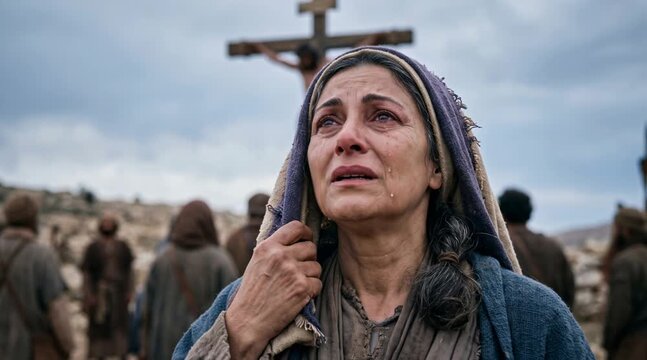 Sorrowful woman mourning at the foot of the cross. Mary watching her son die during crucifixion. Biblical scene depicting grief, faith, and religious sacrifice.