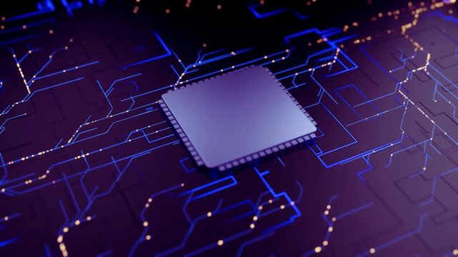 Futuristic computer processor chip mounted on a printed circuit board with glowing data connections technology hardware electronic connection technology