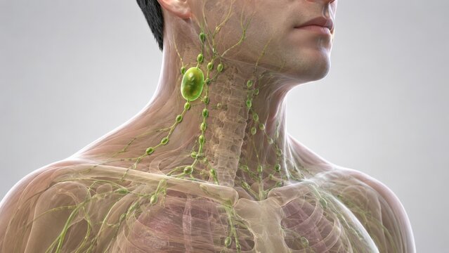 Anatomical Illustration of the Human Lymphatic System Highlighting Key Structures like Lymph Nodes and Vessels for Educational Purposes