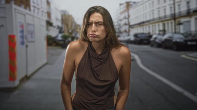Woman with bare shoulders pouting with pursed lips and squinted eyes on a street;annoyance defiance.