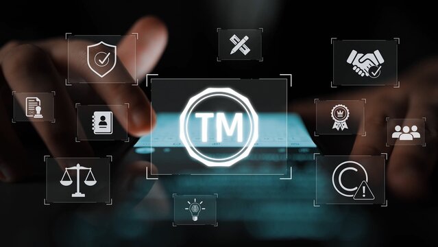 Trademark protection and legal compliance with TM icon, copyright law, patent check, intellectual property rights, and branding regulation enforcement Marrow