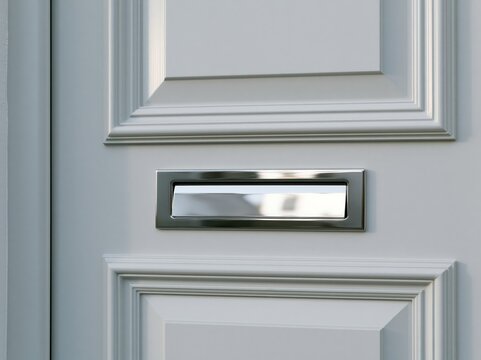 Sleek stainless steel mail slot on a clean painted front door in a modern home
