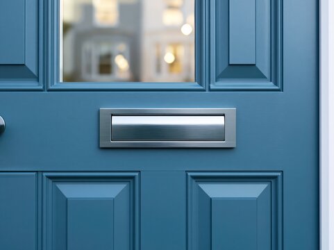 Sleek stainless steel mail slot on a clean painted front door in modern home