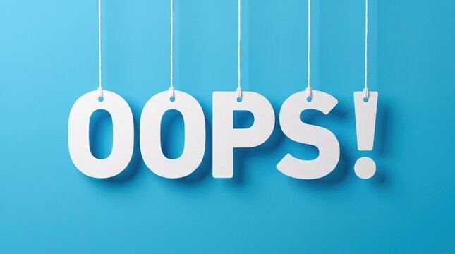 White paper letters spelling OOPS hanging against a blue background for apology and mistake concepts