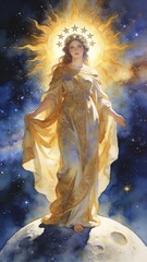 Obraz premium Woman with sun and star halo standing on moon in cosmic space. Biblical revelation scene depicting majestic figure from apocalypse. Religious art representing divine prophecy concept.