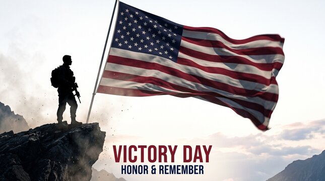 A silhouetted soldier stands atop a rocky mountain peak holding a large American flag waving in the wind under a bright sky with the text 'VICTORY DAY: HONOR & REMEMBER' written below.