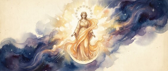 Obraz premium Woman described in Revelation chapter twelve standing in light with crown of star and moon beneath her feet. Banner with copy space