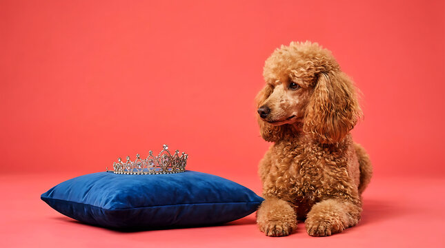 Skeptical Apricot Poodle Dog Giving Side-Eye Stare at Crown Tiara Pillow