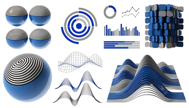 Set of abstract 3D data visualization elements and analytics charts with visualization, analytics
