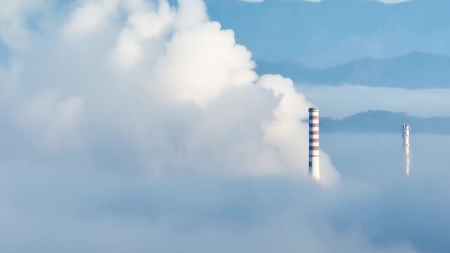 Aerial view of industrial smokestacks emitting thick smoke into the atmosphere above a layer of low clouds in Brazil. Time lapse.
