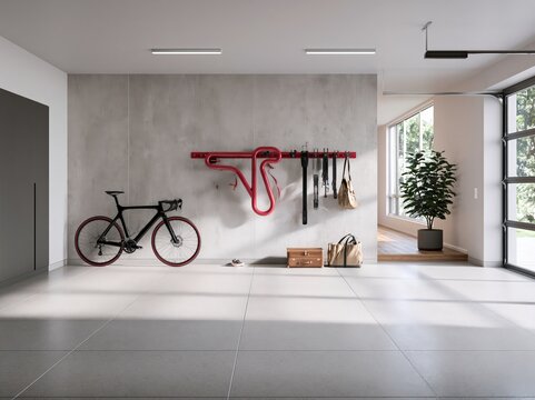 Wall mounted bike rack in a modern garage setting with bright daylight entering the space