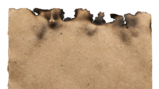 Vintage burnt paper edge with charred texture, antique parchment border on white background, weathered brown paper sheet with fire damage