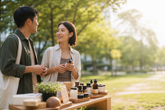 Young professionals chatting at minimalist outdoor community market with artisanal local products golden hour connection hyperlocal lifestyle digital detox neighborhood sustainability