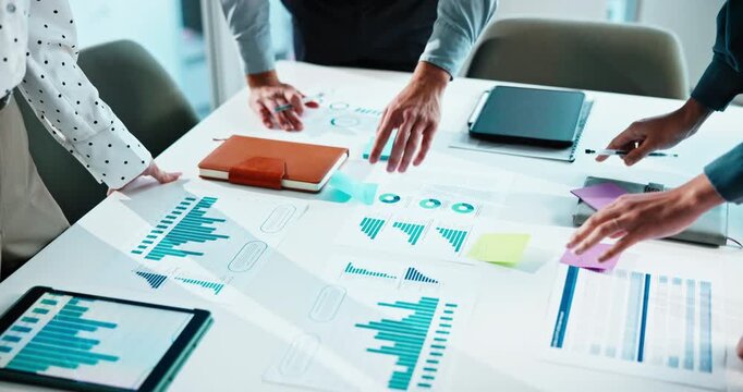 Hands, graphs and paperwork in meeting with business people for company profit, revenue or pitch. Documents, charts and financial manager with team for investment discussion, sticky notes or planning
