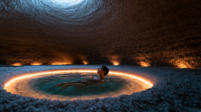 Woman Relaxing in Illuminated Underground Spa Thermal Pool
