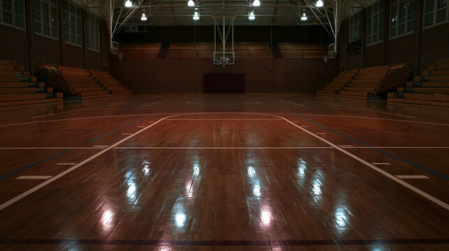 Empty Basketball Court Floor in Dimly Lit Gymnasium