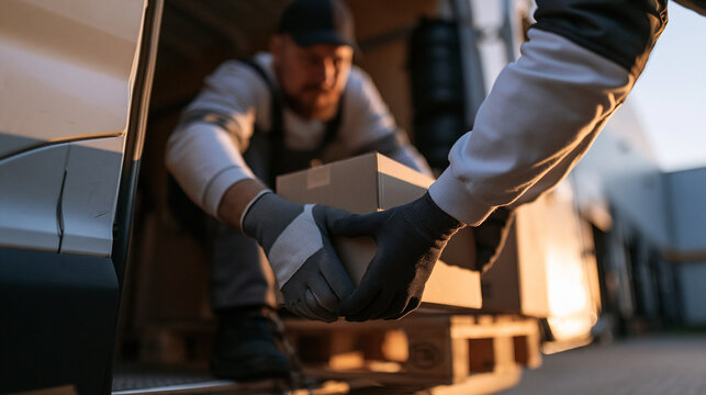 Delivery Men Unloading Cardboard Box From Van