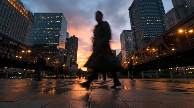 Blurred Silhouette of Business Person Commuting Through City at Sunset