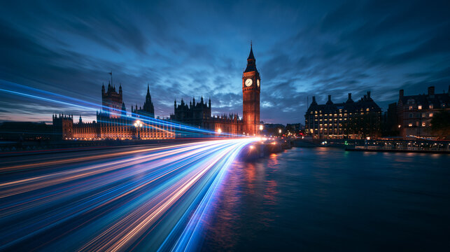 Big Ben and Houses of Parliament with Light Trails in London
